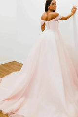 Blushing Pink Off The Shoulder Evening Dress with V Neck and Strapless Tulle