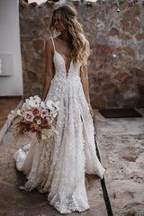 Bohemian White A-Line Beach Wedding Dress Adorned with Appliques