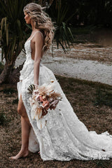 Bohemian White A-Line Beach Wedding Dress Adorned with Appliques