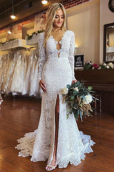 Bohemian White Mermaid Long Lace Beach Wedding Dress with Sleeves