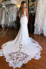 Bohemian White Mermaid Spaghetti Straps Beach Wedding Dress with Lace Embellishments