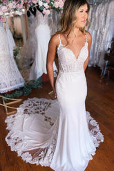 Bohemian White Mermaid Spaghetti Straps Beach Wedding Dress with Lace Embellishments