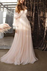 Boho A-Line Sweetheart 3/4 Sleeves Sweep Train Tulle Bridal Gowns