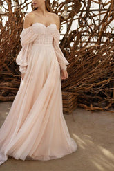 Boho A-Line Sweetheart 3/4 Sleeves Sweep Train Tulle Bridal Gowns