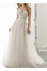 Boho A-Line Sweetheart Sleeveless Tulle Wedding Dresses With Appliques Lace