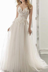 Boho A-Line Sweetheart Sleeveless Tulle Wedding Dresses With Appliques Lace