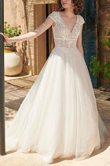 Boho A-Line V-Neck Open Back Short Sleeves Lace Tulle Wedding Dress