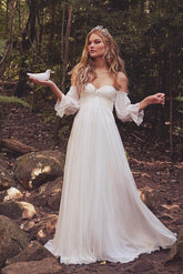 Boho Beach Wedding Dresses: Off-the-Shoulder Long Sleeves with Chiffon Sweep Train