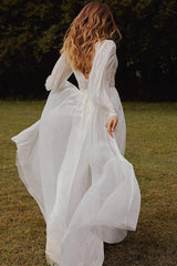 Boho Lace Beach Wedding Dress with V-Neck and Long Sleeves