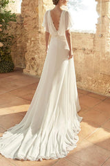 Boho Lace Open Back A-Line Wrap Wedding Dresses