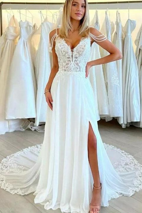 Boho Lace Open Back Beach Wedding Dresses With Slit