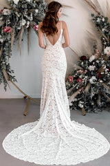 Boho Lace Open Back Mermaid Beach Wedding Dresses With Court Train