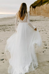 Boho Lace Tulle A-Line Beach Wedding Dresses Long Sleeves
