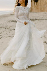 Boho Lace Tulle A-Line Beach Wedding Dresses Long Sleeves