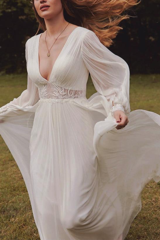 Boho Lace Wedding Dress with V-Neck and Long Sleeves
