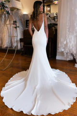 Boho Simple White Mermaid Backless Beach Wedding Dress