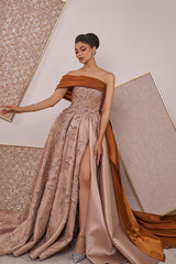 Brown A Line Prom Dress One Shoulder Evening Dress With Lace Appliques