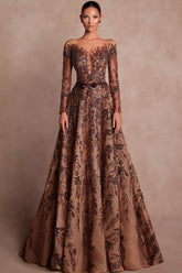 Brown A Line Prom Dress with Bateau Neck Long Sleeves and Embroidery