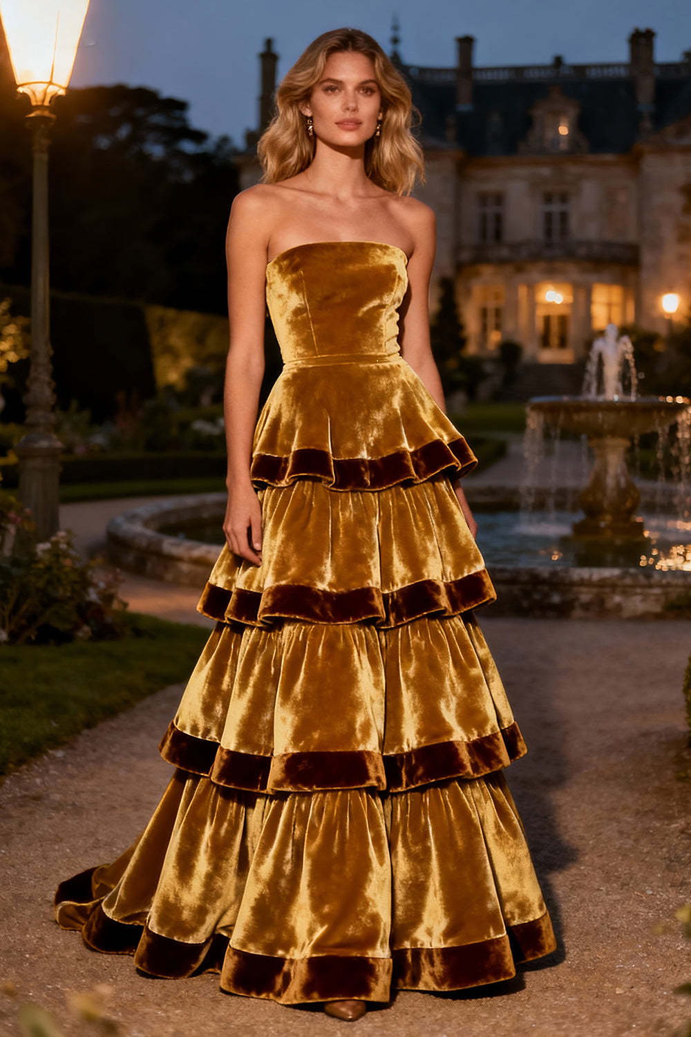 Brown A-Line Strapless Tiered Long Velvet Holiday Party Dress