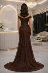 Brown Lace Mermaid Prom Dress with Off Shoulder and Plunging V Neck