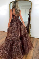 Brown Leopard Print Strappy Prom Dress With Flowing Tiered Train Formal Evening Gown