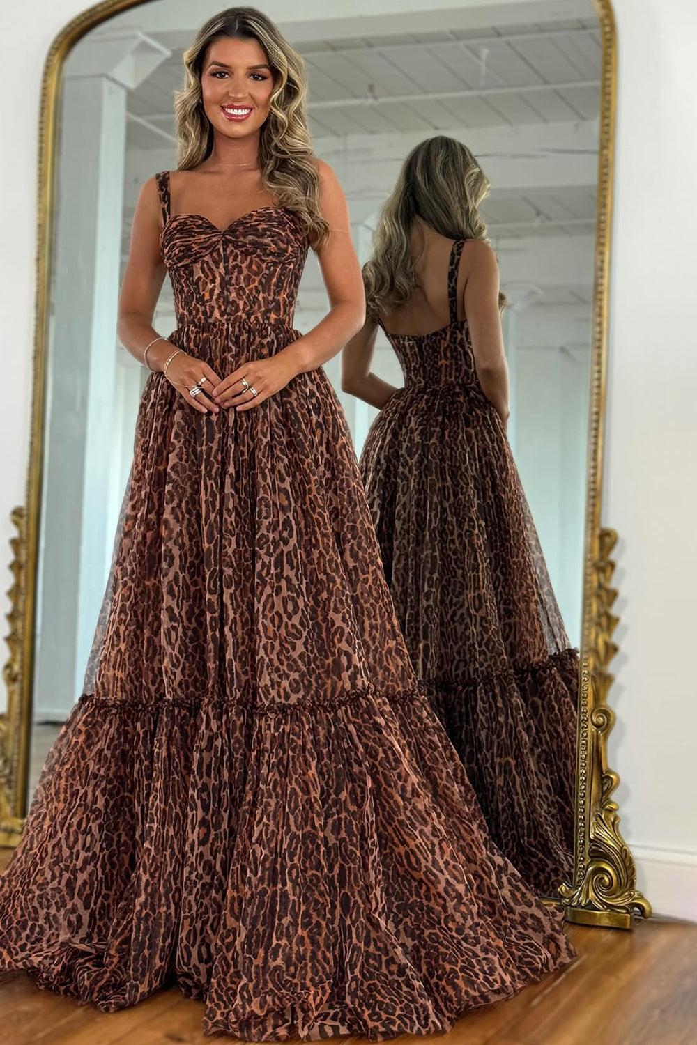 Brown Leopard Print Strappy Prom Dress With Flowing Tiered Train Formal Evening Gown