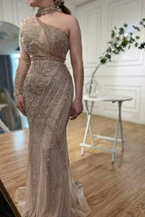 Brown Mermaid Prom Dress Long Sleeve Halter Neck Evening Dress With Lace Appliques