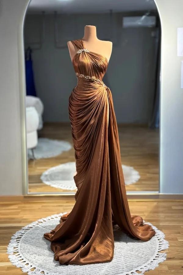 Brown Mermaid Prom Dress Sleeveless One Shoulder Beaded Evening Dress