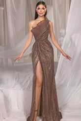 Brown Mermaid Prom Dress Sleeveless One Shoulder Sequined Evening Dress