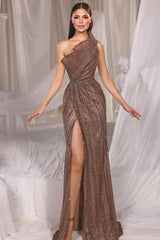 Brown Mermaid Prom Dress Sleeveless One Shoulder Sequined Evening Dress