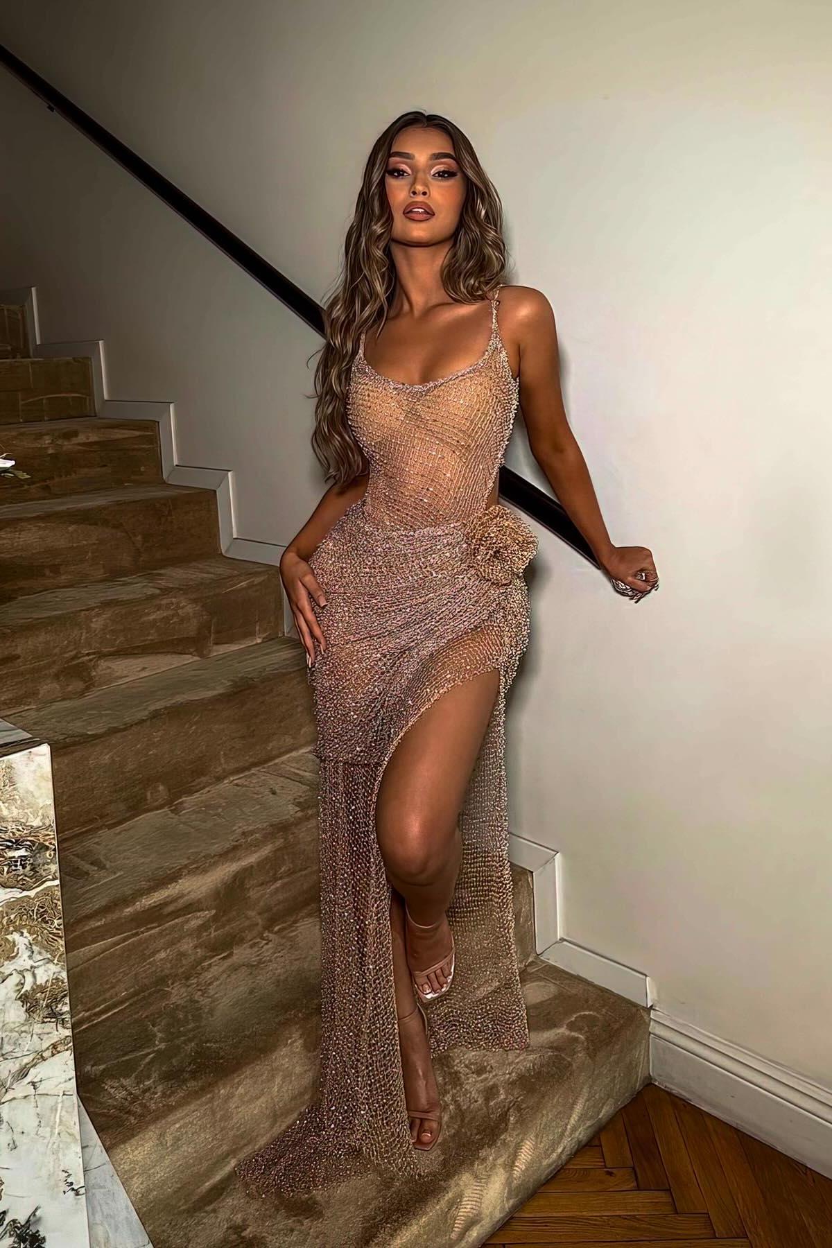 Brown Mermaid Prom Dress Sleeveless Scoop Neck Beaded Evening Dress