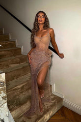 Brown Mermaid Prom Dress Sleeveless Scoop Neck Beaded Evening Dress