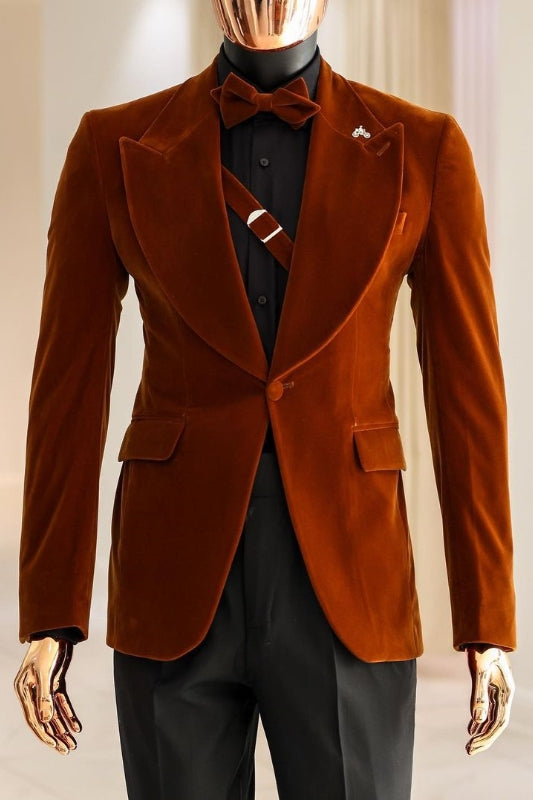 Brown Peaked Lapel 2 Piece Velvet Prom Suit