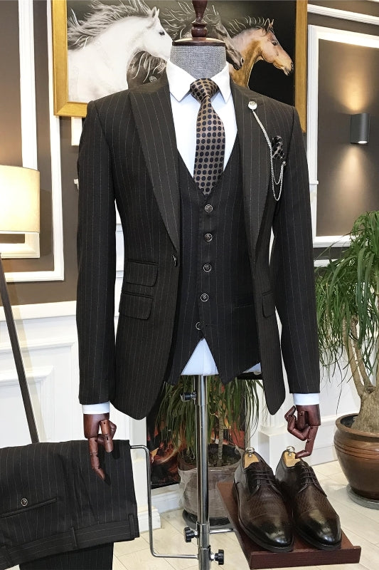 Brown Peaked Lapel 3 Piece Striped Business Men's Suit