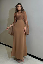 Brown Sheath/Column Prom Dress Long Sleeve Satin Evening Dress