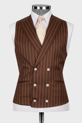 Brown Striped Peaked Lapel 3 Piece Business Men's Suit