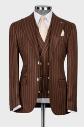 Brown Striped Peaked Lapel 3 Piece Business Men's Suit