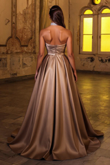 Brown Sweetheart Sleeveless Satin Slit Formal Dress With Rhinestones