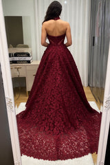 Burgundy A Line Prom Dress with 3D Flowers and Open Back