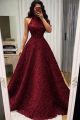 Burgundy A Line Prom Dress with 3D Flowers and Open Back