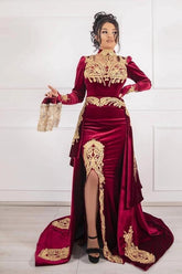 Burgundy Christmas Party Dress Lace Appliques Long Sleeve Velvet Evening Dress With Detachable Train