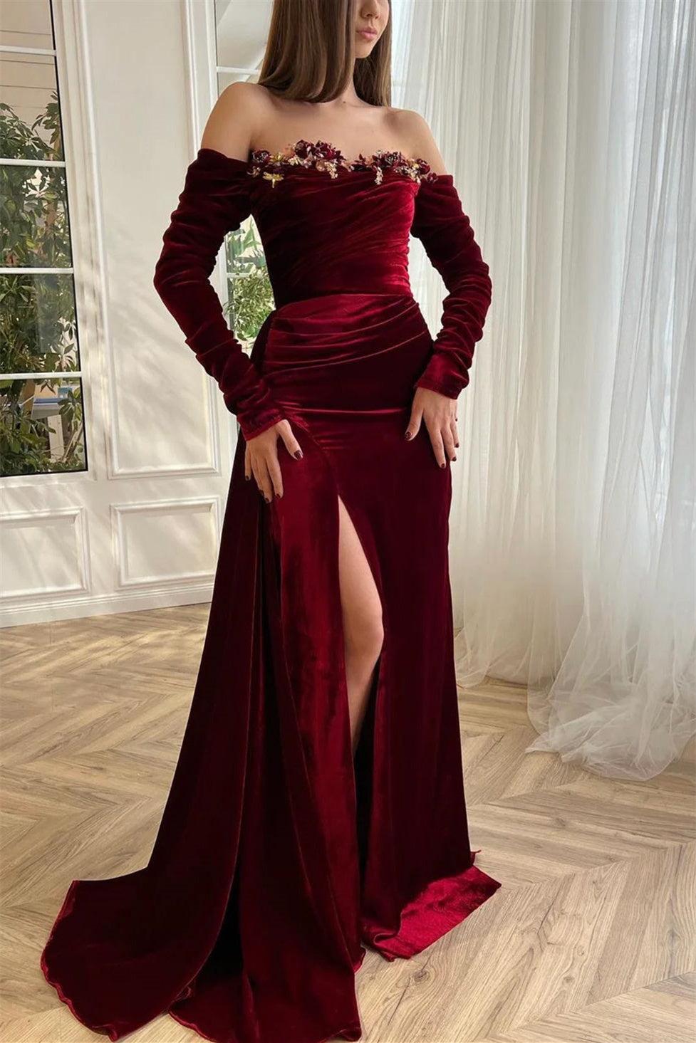 Burgundy Christmas Party Dress Off the Shoulder Velvet Evening Dress with Panel Train