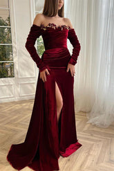 Burgundy Christmas Party Dress Off the Shoulder Velvet Evening Dress with Panel Train