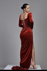 Burgundy Long Sleeves Square Neck Pleated High Slit Velvet Evening Dress