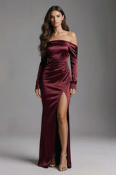 Burgundy Mermaid Off The Shoulder Long Satin Evening Dress With Slit