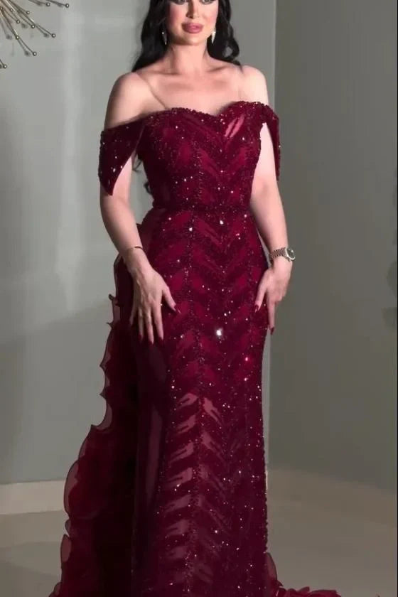 Dreamyannie UK Burgundy Off The Shoulder Prom Dress Ruffled Beaded SheathColumn Formal Dress Dreamyannie UK Burgundy Off The Shoulder Prom Dress Ruffled Beaded SheathColumn Formal Dress