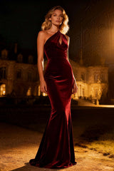 Burgundy One Shoulder Mermaid Keyhole Long Velvet Holiday Party Dress