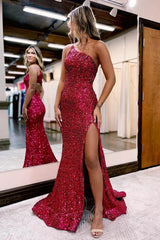 Burgundy One Shoulder Prom Dress Sequins Evening Dress with Slit