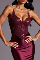Burgundy Prom Dress Mermaid Satin Spaghetti Straps Long Formal Dress With Lace
