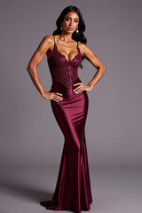 Burgundy Prom Dress Mermaid Satin Spaghetti Straps Long Formal Dress With Lace